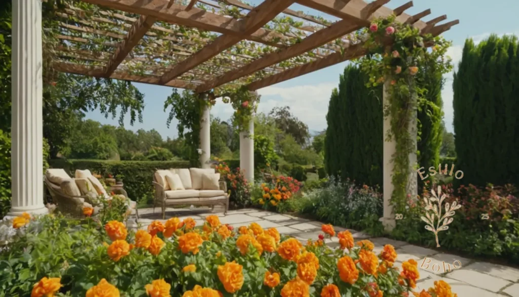 Diseño de Jardines Bohemios con Plantas Trepadoras: Un exuberante y vibrante jardín con pérgola y flores enrejadas.