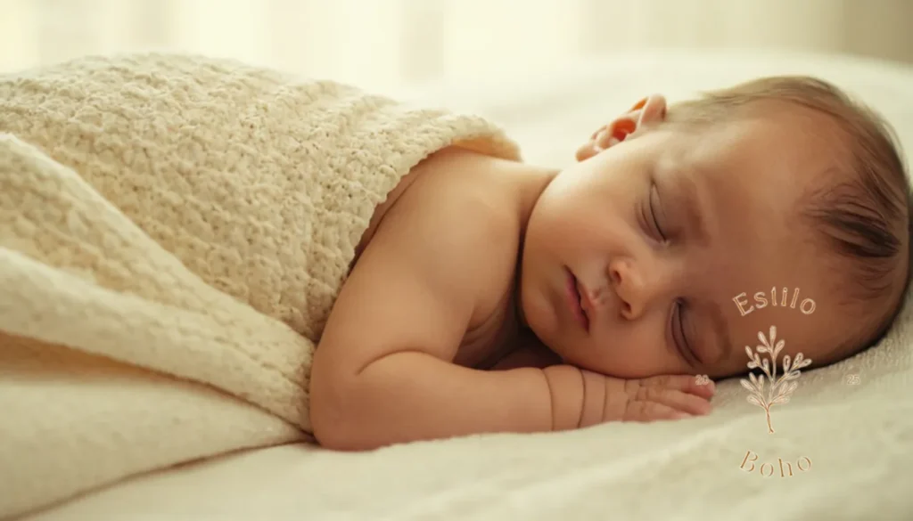 Bohemio Suave Reciclado Algondon: Un bebé sereno durmiendo en una cama de algodón orgánico.