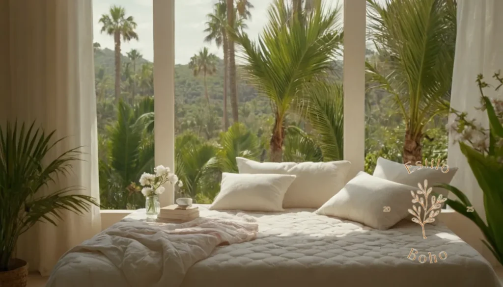 Algodón suave orgánico.: Un paisaje relajante con telas de algodón orgánicas se dispersó suavemente en medio de palmas y flores.