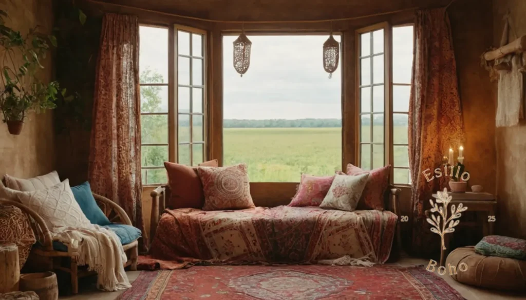 Cuidado Orgánico Algodón Suave Boho Decoración: Un interior bohemio con telas orgánicas de algodón.