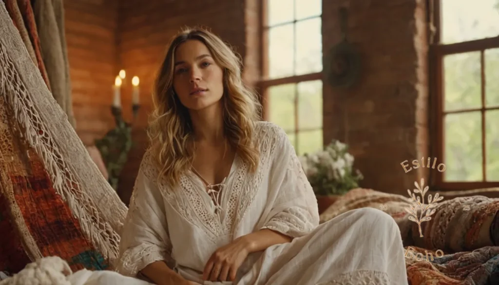 Ortigal BoHo Suave Cojines: Una mujer elegante bohemia rodeada de textiles de algodón orgánico.