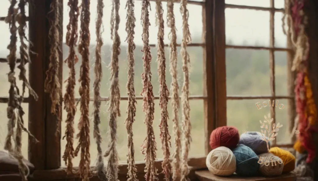 Textiles Orgánicos Suaves: Un fondo borroso e inspirado en bohemio con fragmentos de hilo suaves.