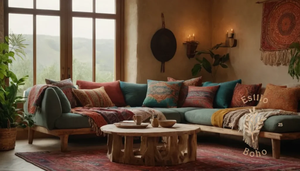 Decoración Bohemios con Algodón Orgánico Suave: Una acogedora sala de estar con textiles bohemios orgánicos.