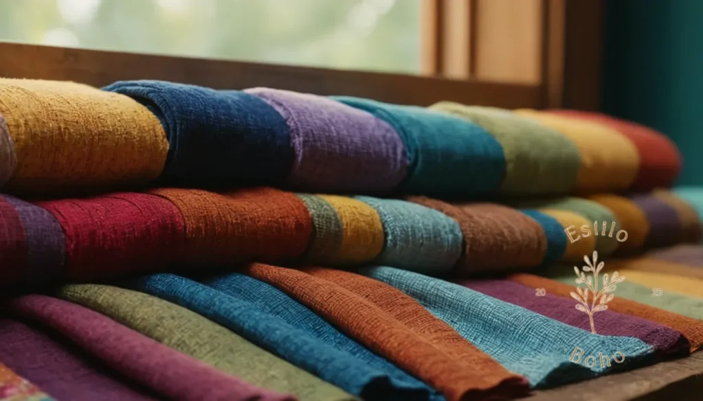 Algodon Tapiceria Boho Orgánico Suave: 2-3 muestras coloridas de tela de algodón orgánica con ambiente bohemio.