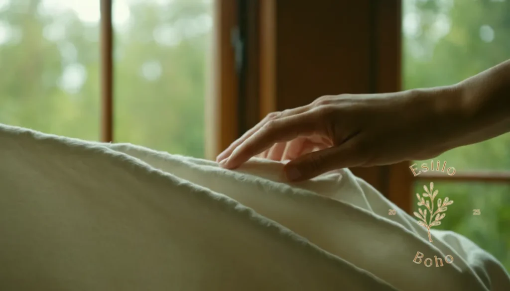 Boho Decor Acogedor Suave: Una persona tocando o acariciando suavemente una tela de algodón orgánica.