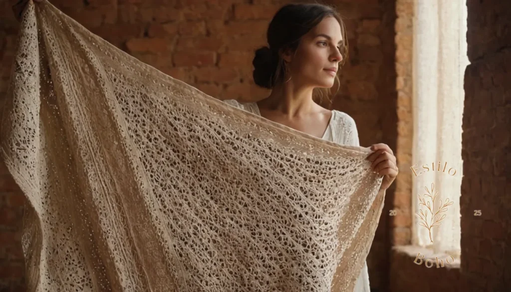 Algodón Orgánico Suave para Hogares Boho Chic: Una mujer que sostiene suavemente la tela de algodón bohemio tejida.