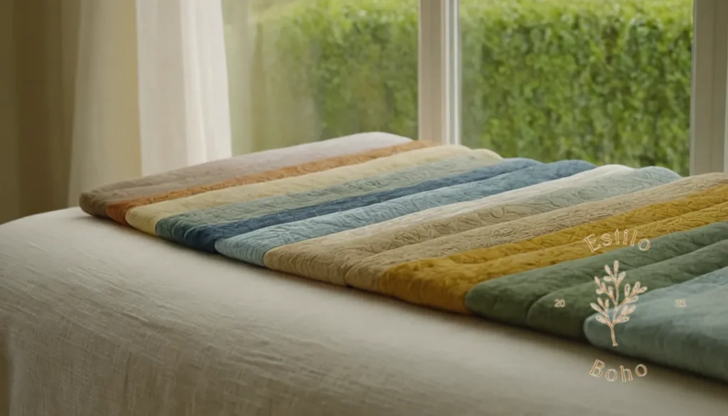 Boho Algodón Orgánico Suave: Un paisaje sereno con telas de mosaico de algodón sostenible.