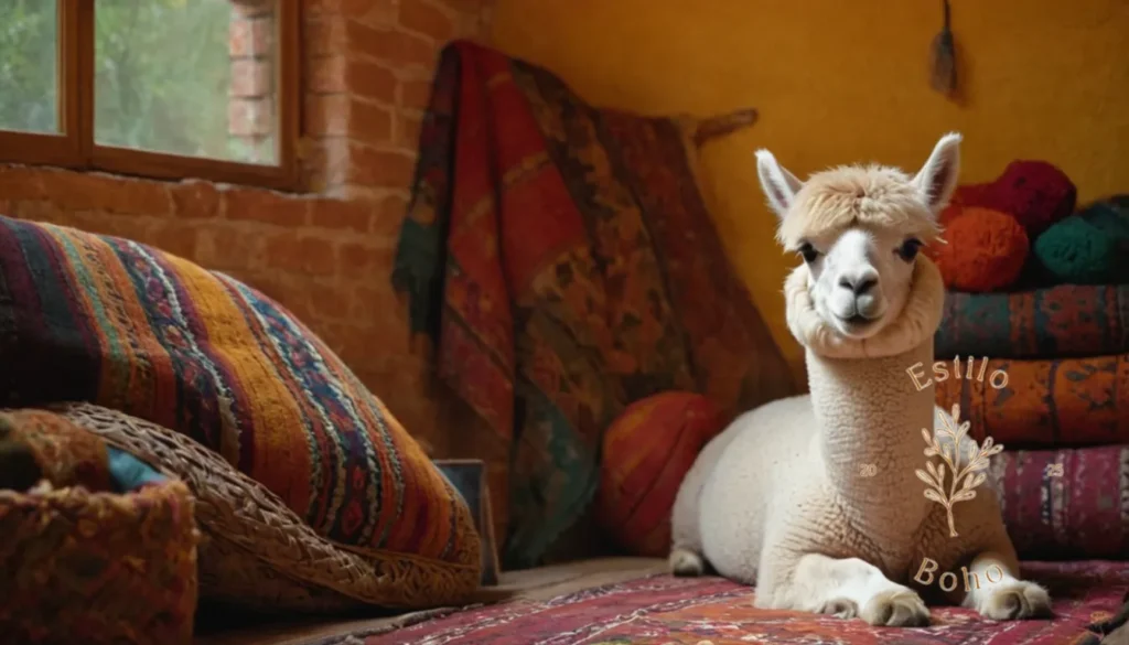 Alfombras orgánicas bohemia suavemente tejidas: Una alpaca o oveja suave y de aspecto natural en medio de textiles bohemios.