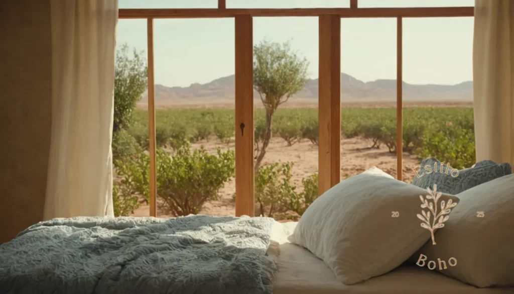 Curtains Orgánicas Ikat Boho: Una serena escena de oasis de algodón orgánico con telas suaves.