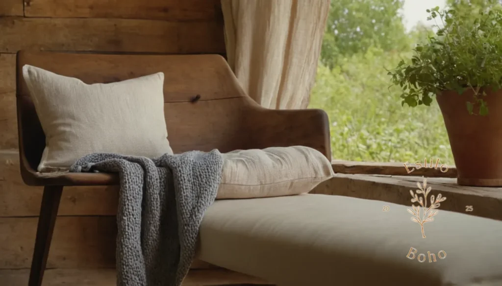 Coser con algodón organico boho chic: Un entorno al aire libre sereno con telas de algodón orgánicos en muebles rústicos.