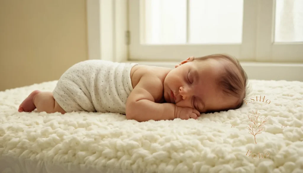 Tela de algodón ecológica étnica: Un bebé durmiendo pacíficamente en un colchón orgánico esponjoso.