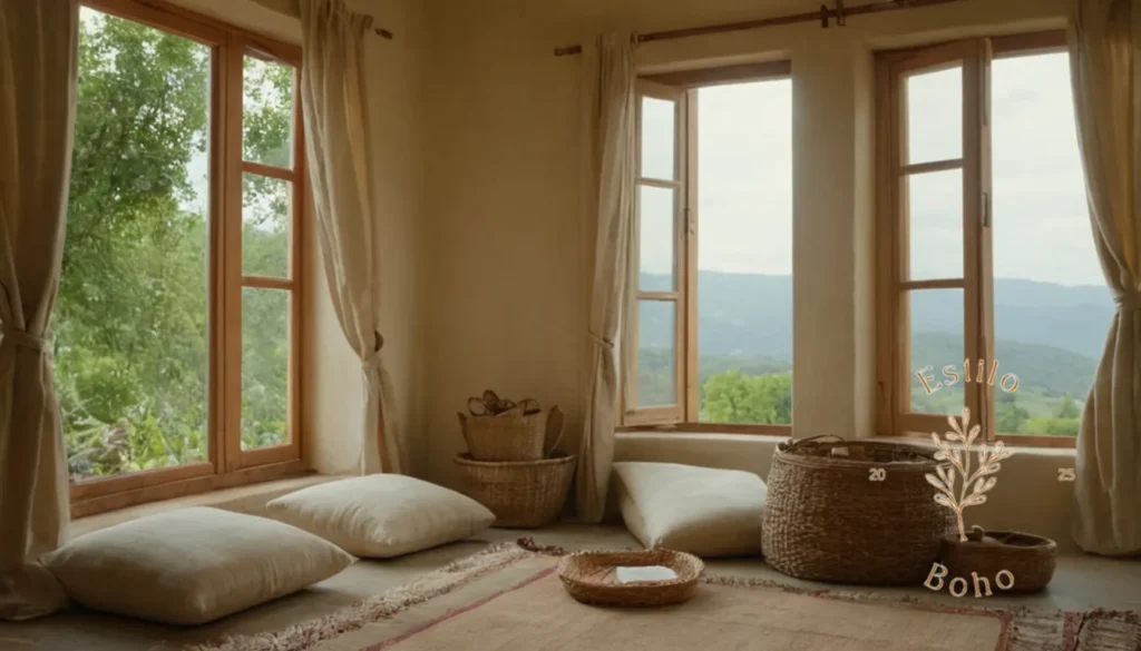 Algodón organza suave estilo Boho Chic: Un paisaje natural sereno con textiles orgánicos exhibidos prominentemente.