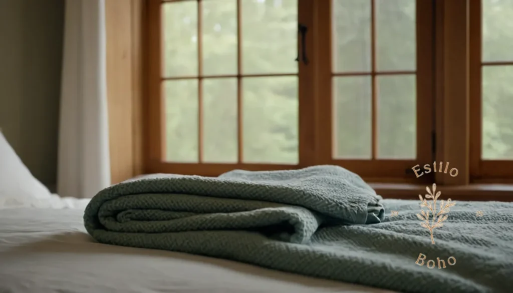Algodones Orgánicos Suaves Boho Chic: Una escena de dormitorio serena con una manta de algodón orgánico.