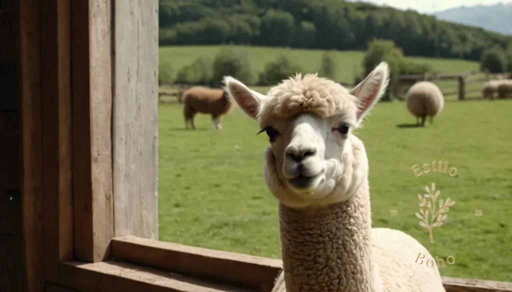 Algodon orgánico para proyectos bohemios: Una alpaca o oveja suave y esponjosa en una granja orgánica.