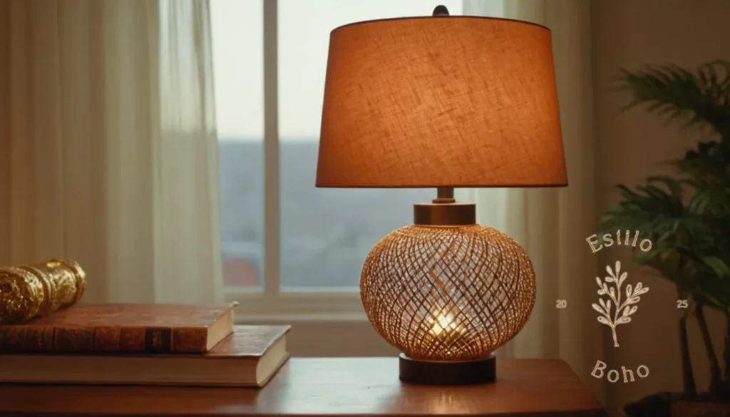 Pantallas Bohemias de Lino e Yute: Una elegante lámpara de inspiración bohemia en una habitación moderna.
