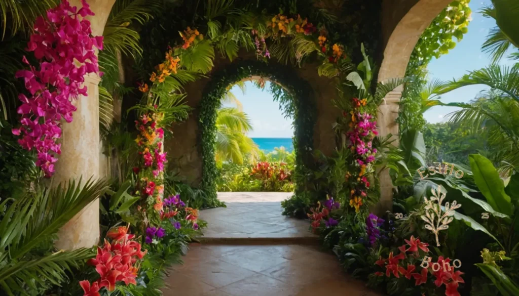 Trepadoras Bohemias: Florales vibrantes y caprichosos que rodean un arco ingenioso con exuberante follaje tropical.