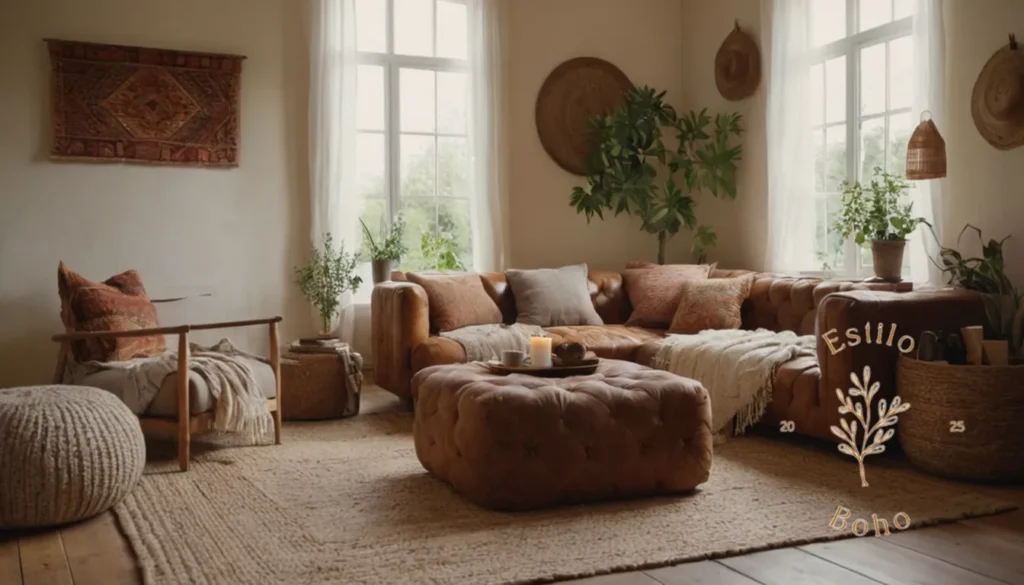 Boho Algódon Ofgánico Suave Preços: Una acogedora sala de estar de estilo bohemio con telas orgánicas naturales.