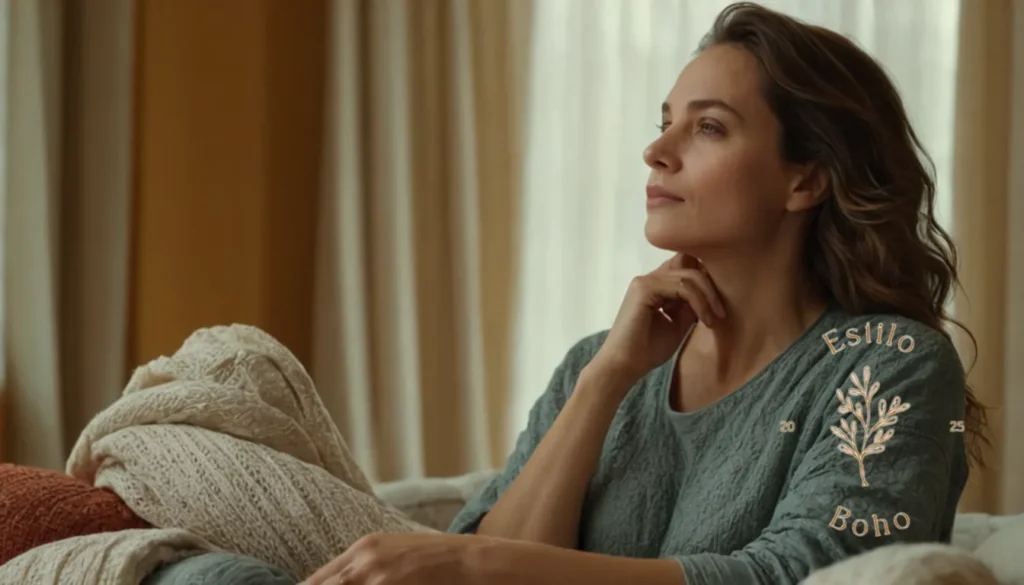 Algodon Organico Suave Boho: Una mujer relajada en medio de muestras de tela de algodón orgánico texturizado.