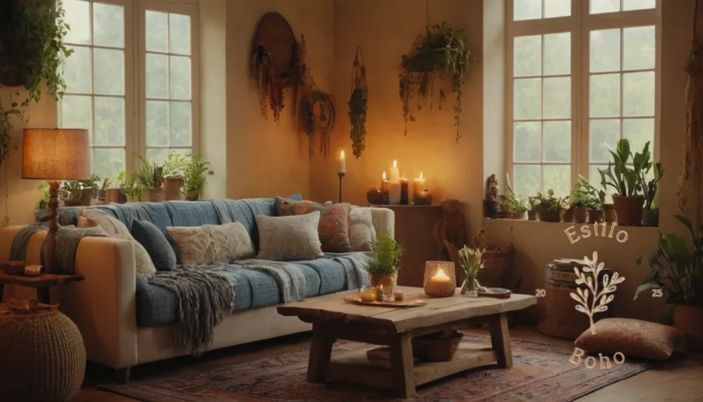 Algódon Suave Organico Manually Boho: Una acogedora escena de la sala de estar de bohemia de algodón orgánico.