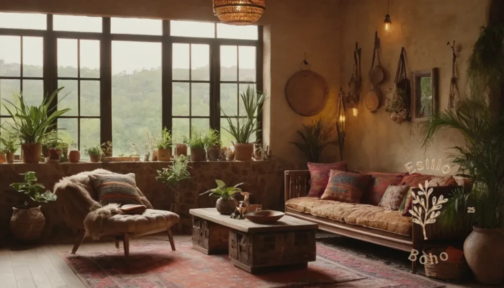 Decorar estilos boho con texturas adecuadas: Un espacio de vida inspirado en bohemio con texturas mixtas y lujosas.