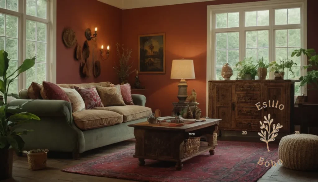 Texturas Boho Fusionadas Modernas: 2 Configuración de habitación ecléctica de estilo bohemio con texturas y muebles mixtos.