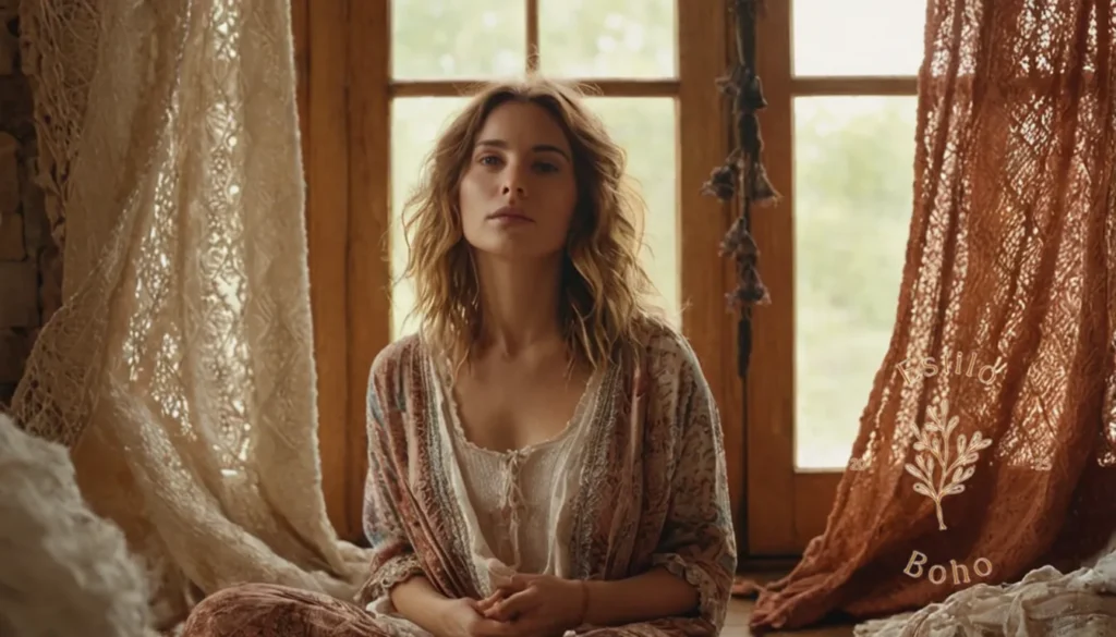 Suéteres Orgánicos Boho Chicos: Una mujer de inspiración bohemia rodeada de telas de algodón orgánicos.