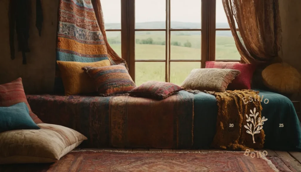 Decorar con Balance Texturas Boho: Una escena de inspiración bohemia con textiles y texturas naturales mezcladas.