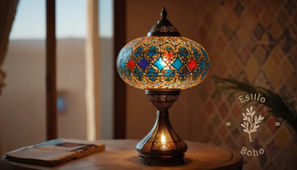 Lámparas Bohemias Rebajadas: Una lámpara elegante y minimalista con coloridos patrones de inspiración marroquí.