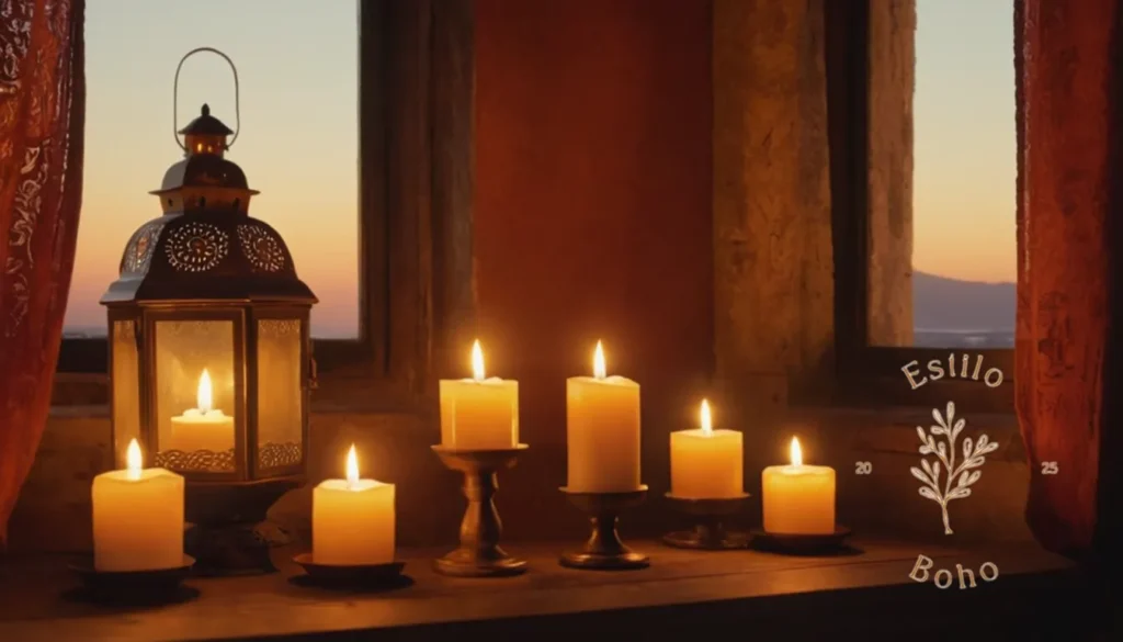 Iluminar techos altos con lámpara de pie bohemia: 3 lámparas de estilo bohemio con velas y un brillo de fondo.