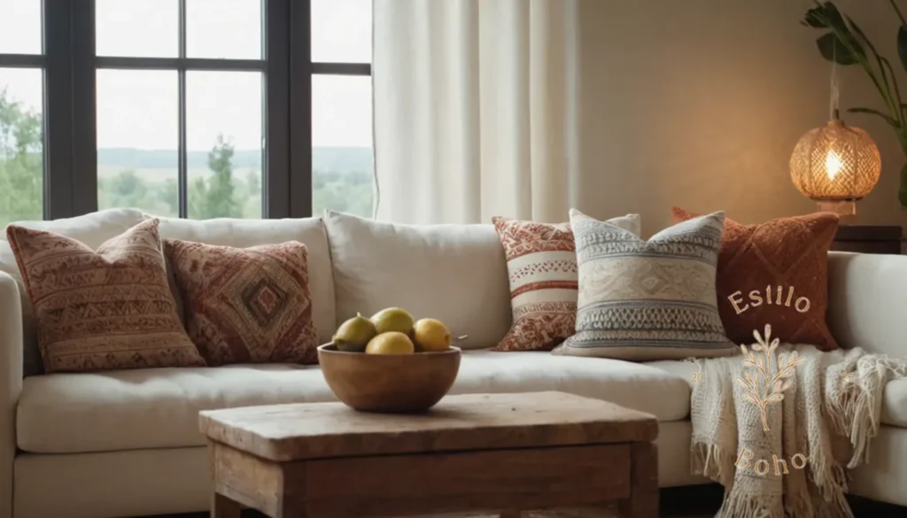 Boho Algodon Orgánico Suave: Una sala de estar serena con almohadas orgánicas de lanzamiento de estilo boho.