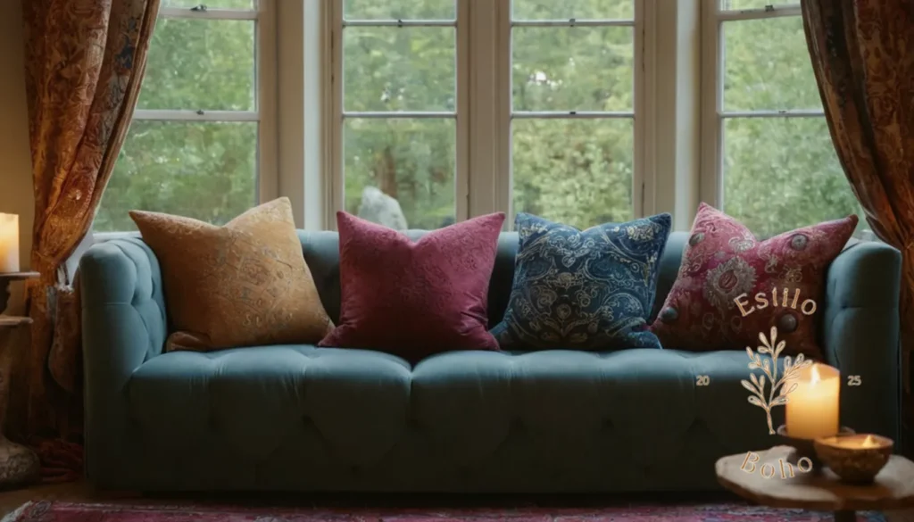 Boho Algodón Orgánico Suave Barato: Almohadas de tiro orgánicas y de tiro orgánicos y textiles de inspiración bohemia en un sofá.