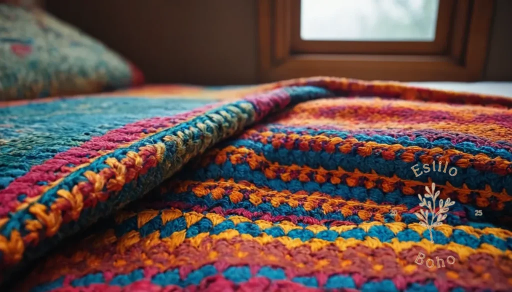 Colchas bohemios psicodélicas cama matrimonio: Una colorida manta de algodón estampado o una fotografía inspirada en textiles.