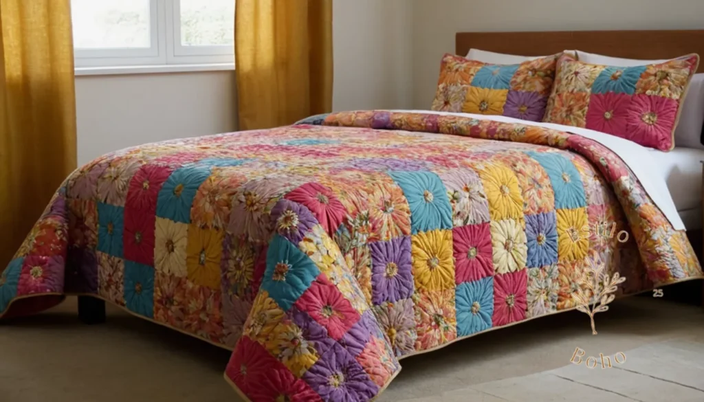 Colchas de cama bohemias infantiles: Una cama colorida e intrincada colcha con estampado floral en una cama individual.