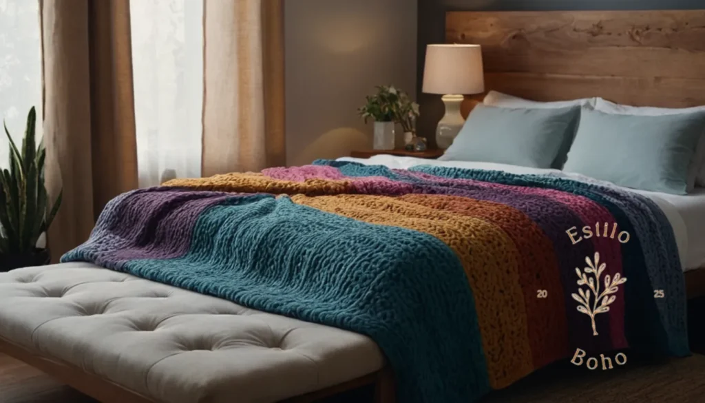 Mantas Merino Boho: Una colorida manta reversible relajada en una acogedora cama de dormitorio.