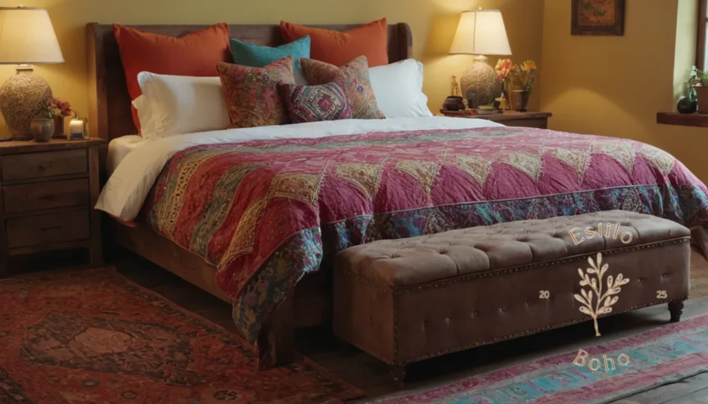Trepadoras exuberantes para jardines bohemios: Una cama de tamaño queen de estilo bohemio con ropa de cama colorida y ecléctica.