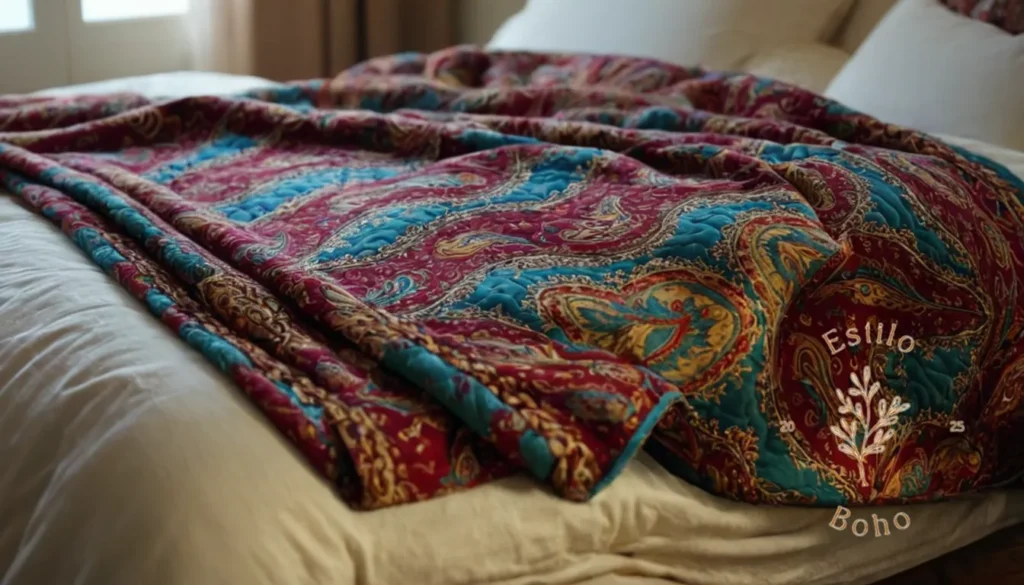 Mantas de Ratán para Jardines: Una manta lujosa y colorida con patrón de Paisley en una cama acogedora.