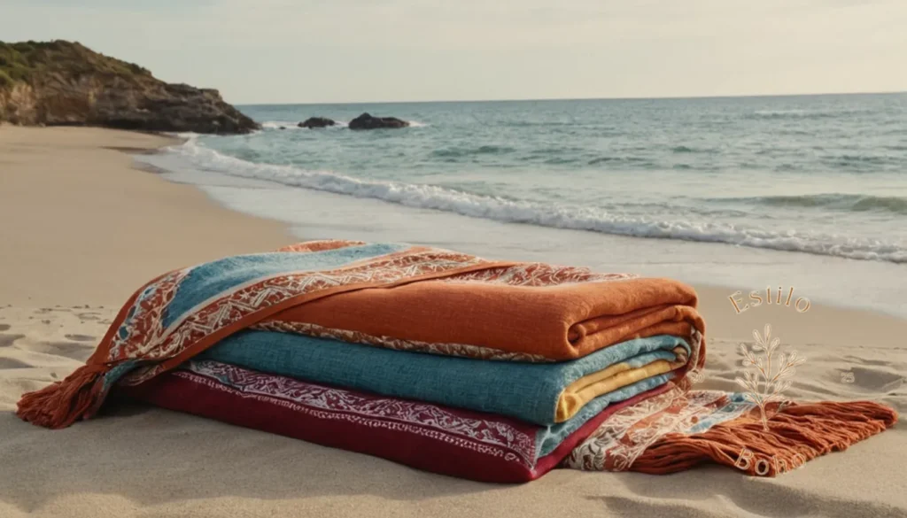Colchas Boho Inverno Acogedor: 8 mantas de algodón livianas de inspiración bohemia en un fondo de playa.