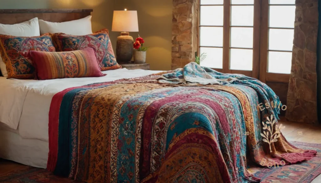 Colchas Boho Etnicas Punto: 3 mantas de lanzamiento livianas bohemias dispuestas casualmente en una cama.