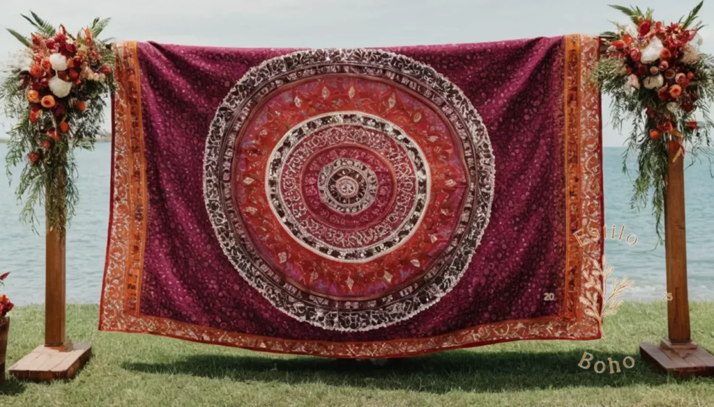 Mantas bohemia para fotos profesionales: Las vibrantes mantas de boda de inspiración bohemia cubierta elegantemente en un marco de madera.