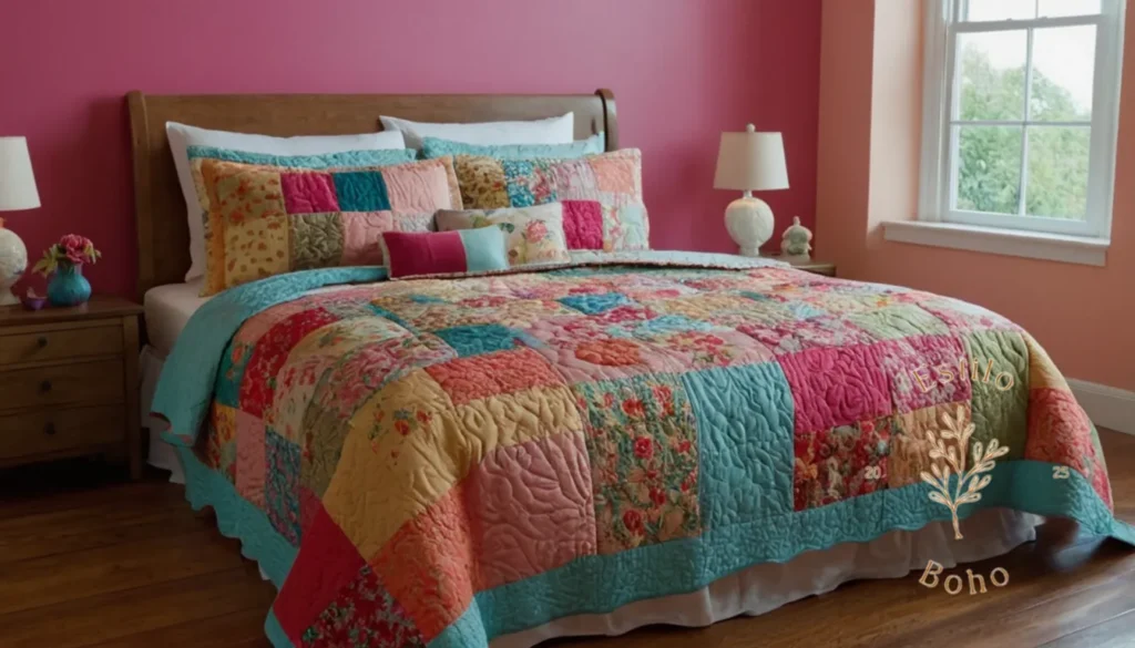 Mantas con patrones multicolor geométricos: 4 edredones de mosaicos reversibles en una colorida cama de dormitorio.