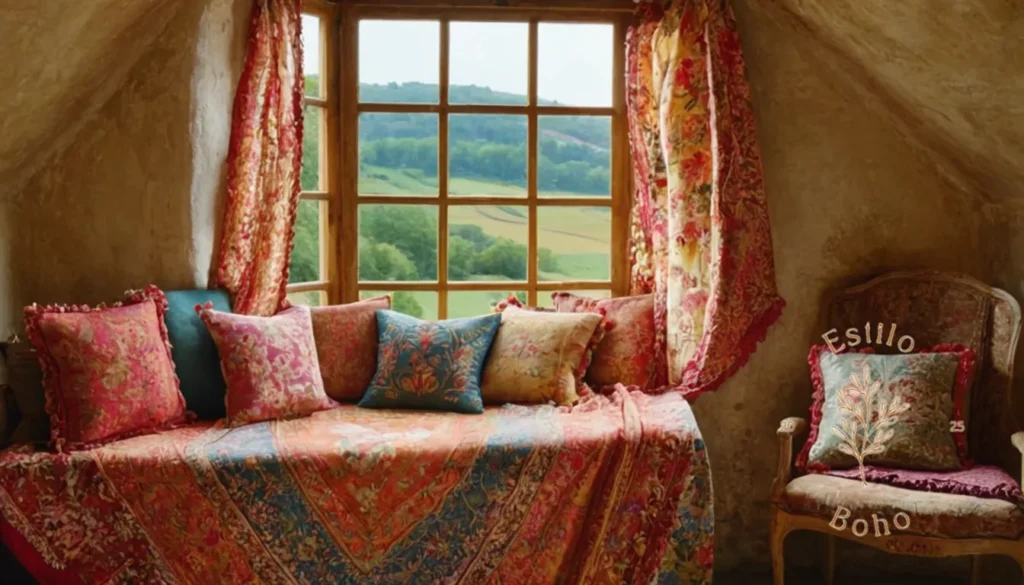 Mantas exteriores gran tamaño Boho: Un pintoresco entorno de campo con coloridos textiles cubiertos.