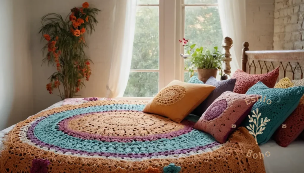 Colchas bohemia manualmente bordadas: Cama de crochet boho-chic en una cama elegante y digna de la revista.