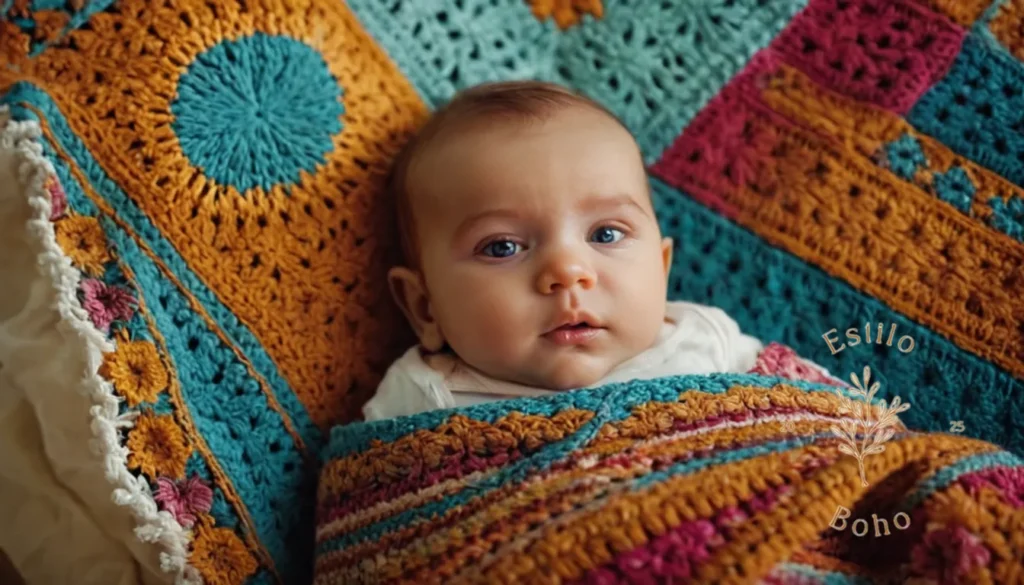 Colchas infantiles de algodón bohemias.: Una colorida y caprichosa manta de bebé de estilo bohemio con intrincados patrones.