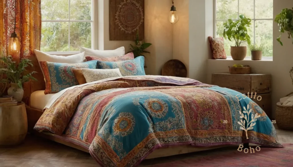 Colchas Bohemias Reversibles Cama 1.5 Plazas: Vibrante ropa de cama de inspiración bohemia en un dormitorio relajado e iluminado por el sol.