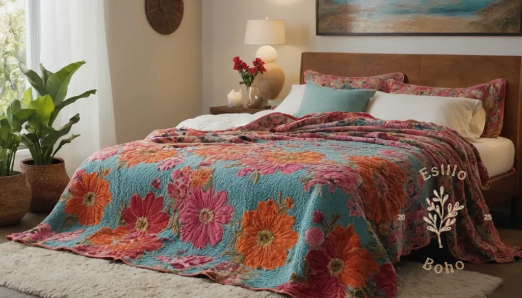 Mantas de Diseño Bohemio para Sofás Cama Gruesos: Una colorida manta de estilo bohemio de estilo floral en una cama.