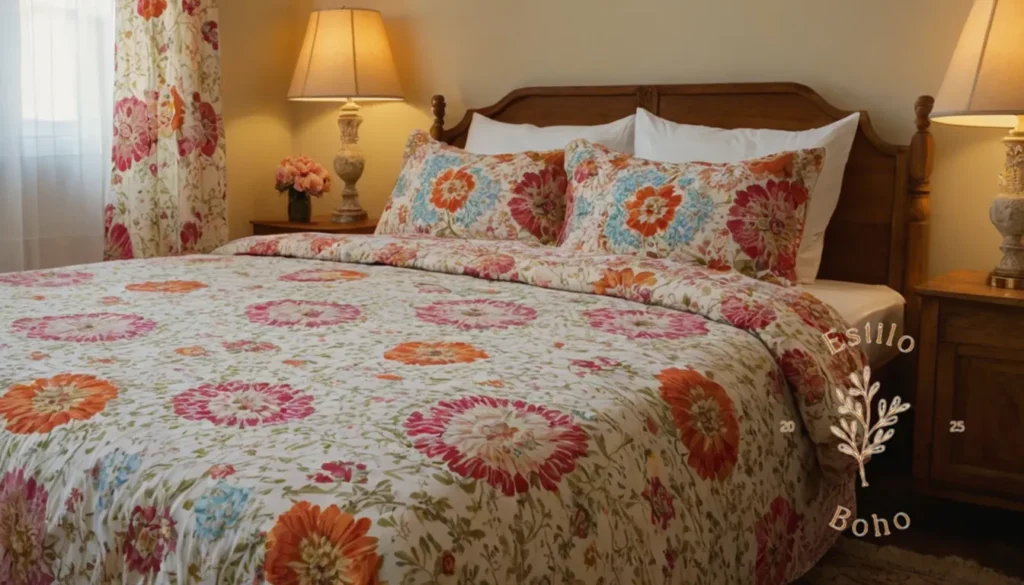 Colchas Bohemias Matrimonio: 2 sábanas bohemias estampadas en una cama acogedora.