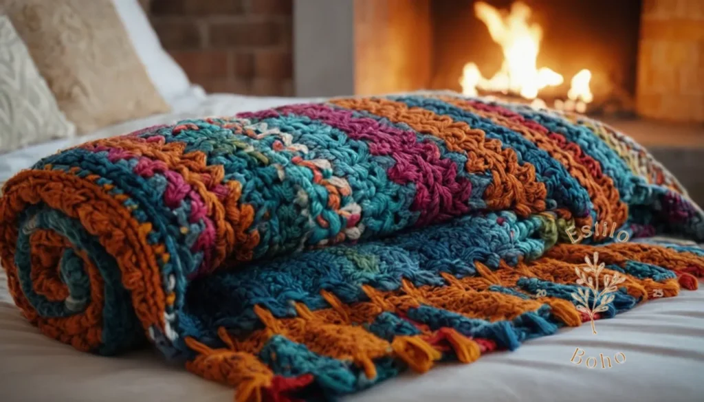 Mantas bohemias para sofás cama compactos: Una colorida y gruesa manta de punto con patrones bohemios.