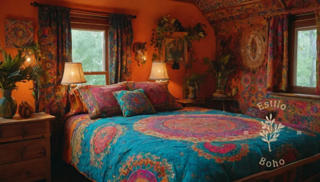Mantas Bohemias Grandes Para Eventos Al Aire Libre: Vibrante ropa de cama psicodélica en medio de muebles y decoración bohemios.