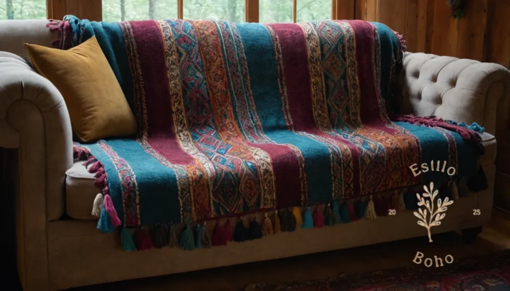 Mantas de viscosa para climas templados cálidos: Una impresionante manta bohemia de gran tamaño en un sofá rústico.