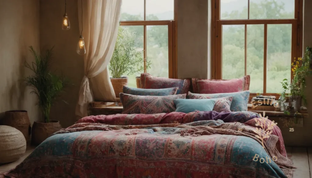 Mantas organicas algodon para bebes ecologicas: Ropa de cama o textiles de estilo boho en un entorno interior relajante.